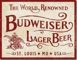Budweiser World Renowned Anheuser Busch Bud Logo Retro Bar Decor Metal Tin Sign - £17.21 GBP