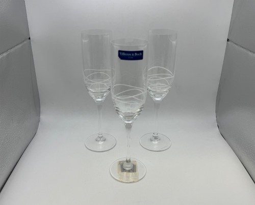 Set of 3 Villeroy &amp; Boch Crystal NEW WAVE Round Champagne Flutes Glasses - $119.99
