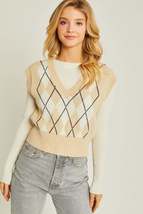 Argyle Beige Sweater Vest Women Plaid Knitted Streetwear V Neck Crop Knitwear Ta - £19.77 GBP