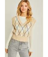 Argyle Beige Sweater Vest Women Plaid Knitted Streetwear V Neck Crop Kni... - £19.98 GBP