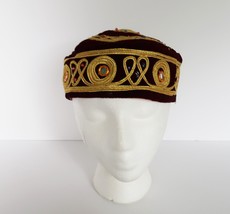 Vtg soft pill box style brown &amp; gold brocade hat multicolor bead accents... - £19.53 GBP