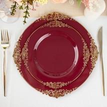 10 Burgundy Gold 8&quot;&quot; Round Plastic Salad Dinner Plates Embossed Baroque Rim Part - £11.01 GBP