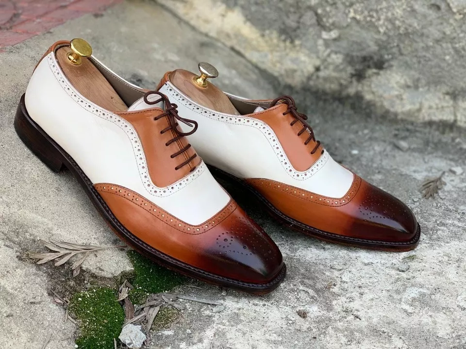 New Handmade Men&#39;s Brown White Cowhide Leather Oxford Lace Up Dress Formal Shoes - £125.38 GBP