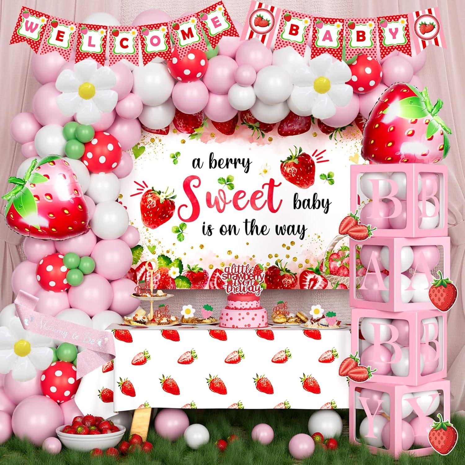 152 Pcs Strawberry Baby Shower Decorations Girl, A Berry Sweet Baby Is On The Wa