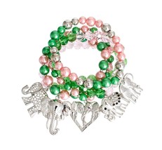 5Pcs Pink Green Glass, Pearls, Metal Beads Elephant Charms Stretch Bracelets Set - £46.07 GBP