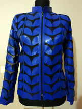 Blue Leather Coat Woman Jacket Leaf Design Zip Light Short Lambskin All ... - $225.00