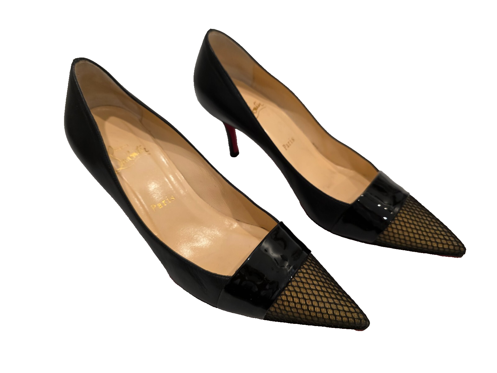 CHRISTIAN LOUBOUTIN &quot;Gladiator&quot; 70 Fishnet/Patent/Kid  Black Leather Hee... - £333.87 GBP