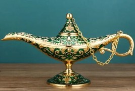 Vtg Aladdins Lg 8&quot; Magic Genie Lamp Metal Golden Green Decorative Collectible - £4.35 GBP