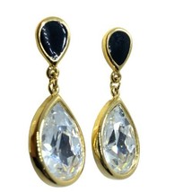 Trifari large Teardrop Crystal/Glass with Black Enamel Pierced Signed Earrings - £51.94 GBP