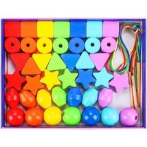 42Pcs Lacing Beads Montessori Toys For Toddlers Wooden Primary String Threading  - £26.72 GBP
