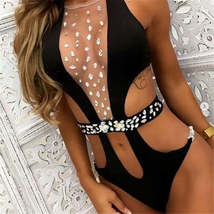 Sparkly Diamonds Hollow Out See Through Patchwork High Cut One Piece Swi... - $39.95