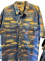 Cabelas Shirt Men’s XL Button Up Blue SS Mesh Fish All Over Print Cotton Poly - £15.58 GBP