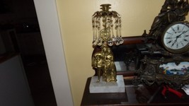 ANTIQUE SOLID BRASS CANDLEHOLDER COURTING COUPLE   CRYSTAL RAINDROPS MAR... - $139.90