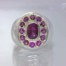 Rhodolite Garnets Raspberry Gems 925 Silver Ring size 10.5 Gents Halo Design 150 - £135.14 GBP