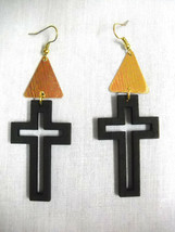 New Black Wooden Cross Cut Out W Goldtone Accents Dangling Fashion Wood Earrings - £4.71 GBP