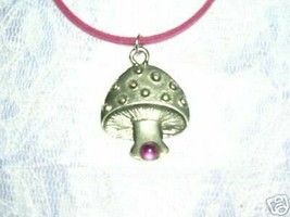 New Cute Spot Mushroom Pink Crystal Gem Accent Pewter Pendant 20&quot; Pink Necklace - £6.90 GBP