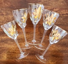 Set of 5 ~ Vintage ~ Glass w/Gold Floral Design ~ 5 Ounce Stemmed Wine Glass Set - £47.82 GBP