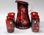 BOHEMIA CRYSTAL Ruby Red CUT TO CLEAR  7 Piece Pitcher &amp; Tumbler Set - MINT - $153.42