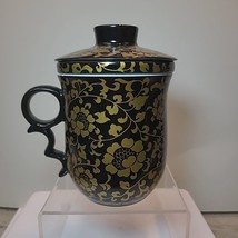 Chinese Porcelain Tea Cup Infuser Strainer &amp; Lid 10 oz Black With Gold L... - $12.50
