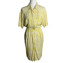 Vintage 80s Button Up Shirt Dress M Yellow Floral Short Sleeve Elastic P... - £23.29 GBP