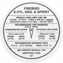 OER Glove Box Tire Pressure Decal Code &quot;HF&quot; 1968 Pontiac Firebird 8 Cyli... - $16.98