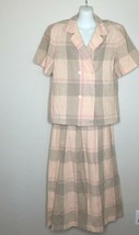 Vintage 80s Womens Michelle Stuart Skirt Suit Set Pink Brown Plaid 6/8 - $49.99