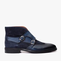 The Albus Navy Blue Leather & Suede Double Strap Monk Brogue Men Boot image 8