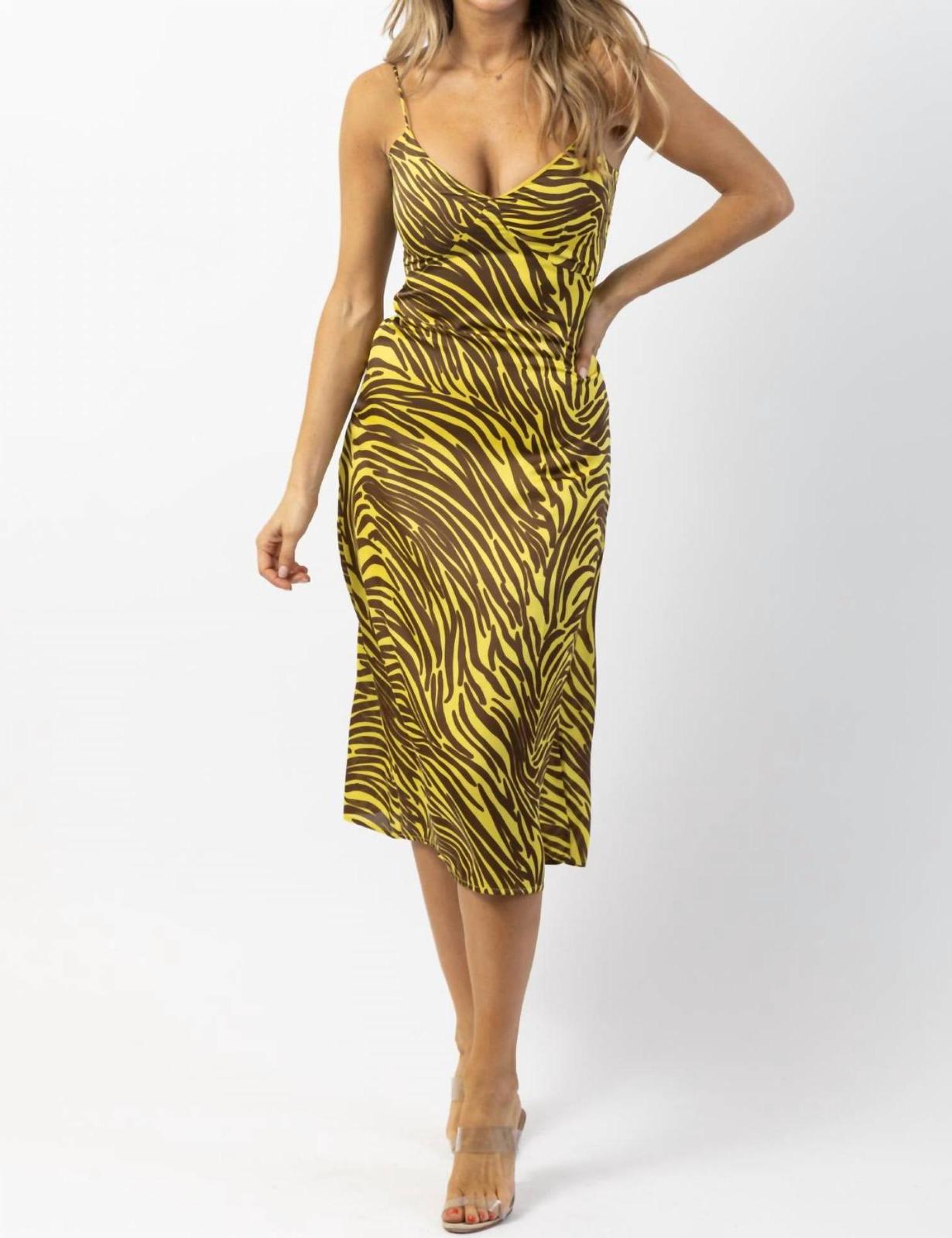 Endless Blu. Zebra Satin Midi Dress Lime + Brown - $40.00