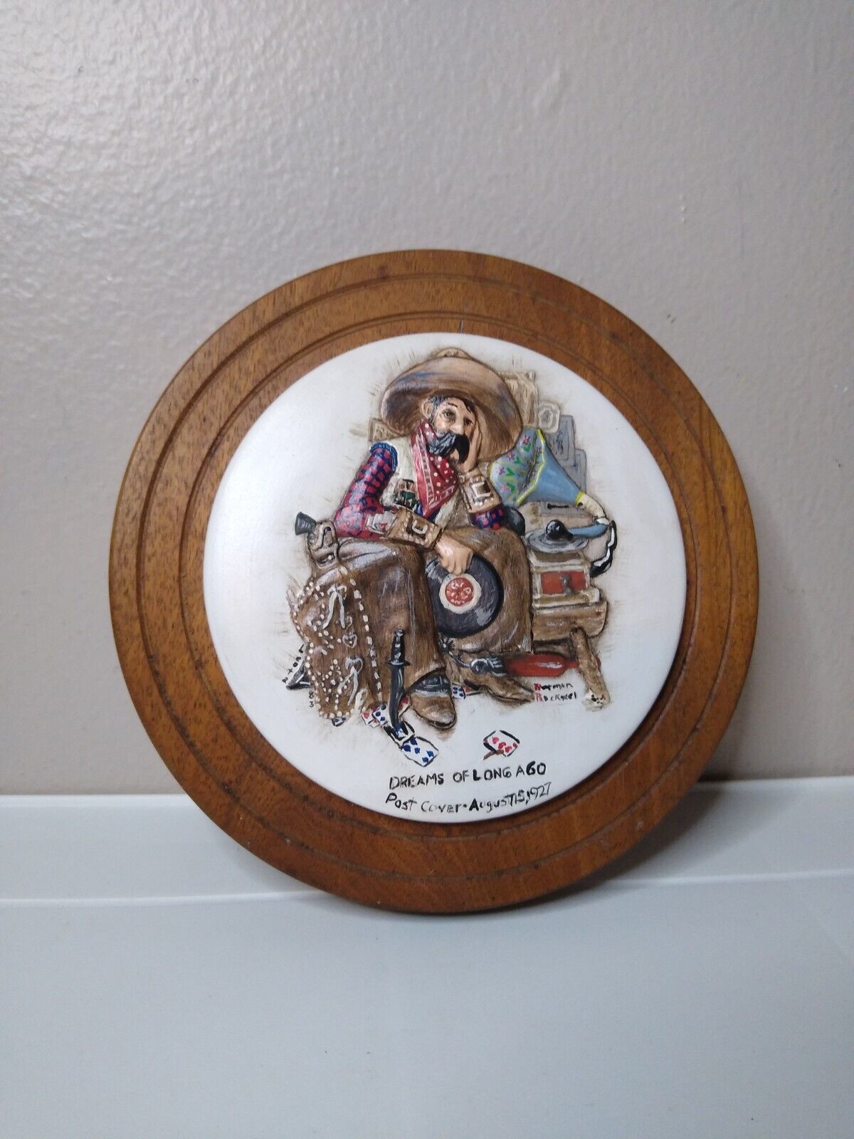 Vintage Dreams Of Long Ago Norman Rockwell Ceramic And Wood Round Wall Decor - $35.00