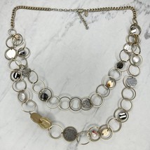 Chico&#39;s Gold Tone Double Strand Faux Pearl Coin Chain Link Necklace - £7.77 GBP