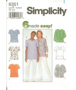 Simplicity 8351 Easy Misses Medical Lab Uniform Scrub Tops 14,16,18 UNCU... - $10.47