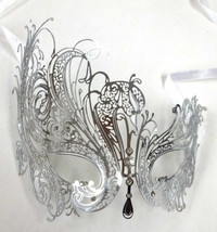 Silver Rhinestone Swan Laser Cut Venetian Mask Masquerade Metal Filigree - £13.65 GBP