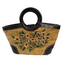 Ann Taylor Wicker Woven 3D Floral Boho Handbag Brown Flower Purse Tote READ - $37.39