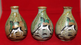Signed Vintage Kutani Japan Set of 3 Flower Bud Vase Green Gold White Horse  - £38.26 GBP