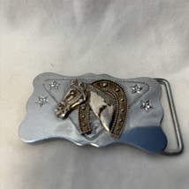 Vintage, Western, Brass Horseshoe &amp; Horse Head on Silver Tone Metal Belt... - $15.99