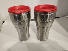 Two Coke Coca-Cola 16 oz Stainless Steel Travel Tumbler Lidded Cold Beve... - £26.29 GBP