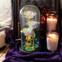 Galaxy Rose Flower Glass Dome Cloche LED Light Enchanted Forever Aurora Borealis - £19.54 GBP