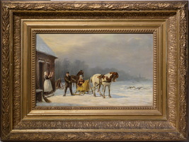 Dutch Genre scene Winter wedding on a horse sleigh 19th century Oil painting - £540.36 GBP
