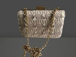 Sondra Roberts Box Clutch Lace Embroidered Beige Cream Gold Chain - $646.24 MXN