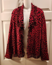 Chico&#39;s Soft Knit Sweater Jacket Red &amp; Black Animal Print Fringe Sz 2 Large L - £19.45 GBP