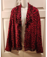 Chico&#39;s Soft Knit Sweater Jacket Red &amp; Black Animal Print Fringe Sz 2 La... - £19.54 GBP