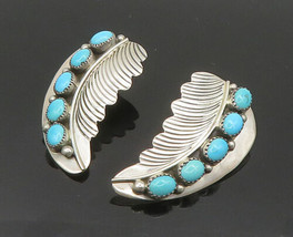 Ray Bennett Navajo 925 Silver - Vintage Turquoise Leaf Drop Earrings - EG10158 - £132.71 GBP