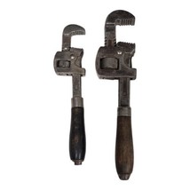 Antique GS Tiger Tools Pipe Wrench Set - 6&quot; &amp; 8&quot; Adjustable w/ Wood Handles - £20.30 GBP