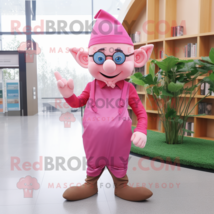 Pink Elf mascot costume character dressed with a Overalls and Reading glasses - £963.41 GBP