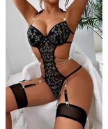 Black Lace Lingerie Women Mesh Strap Hanging Socks Buckle Tight Jumpsuit Set - $15.00