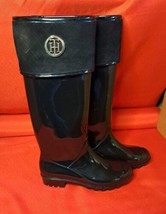 Tommy Hilfiger Womens size 8 Tall Black Boots  Low Heel PVC &amp; Leather Wa... - $37.39