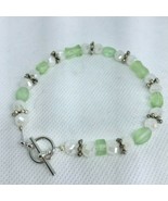 Handcrafted Bracelet White &amp; Green Beads Silver Toggle Clasp Beads Sprin... - £11.73 GBP