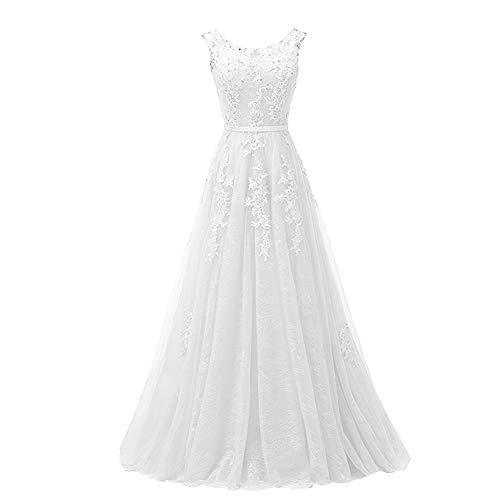 Kivary Plus Size Long Beaded Lace Scoop Neck Open Back Evening Prom Dress White