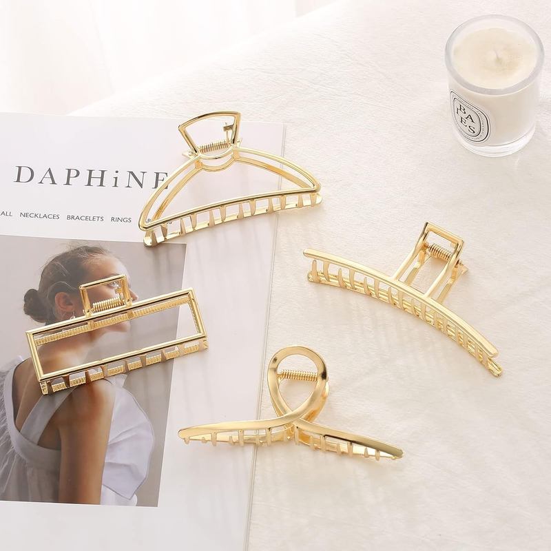 4 Pack Large Gold Hair Claw Clips for Women Thick Hair, French Design Metal Cros Item image 7