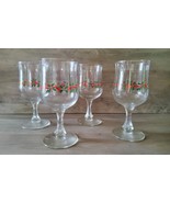 4 Vintage Libbey Christmas Holly Berry 6.75&quot; Pedistal Wine/Water Goblets... - $23.03